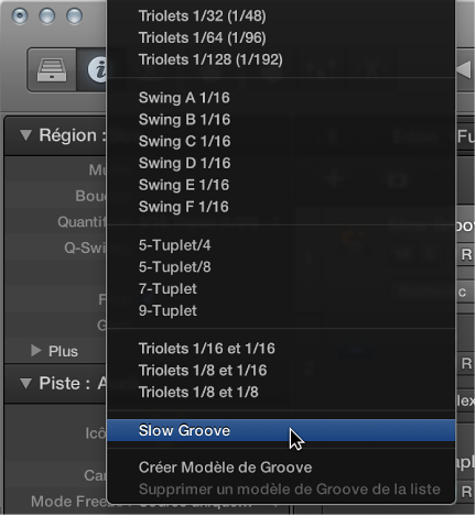 Figure. Nom du modèle de groove par défaut sélectionné dans le menu local Quantifier.