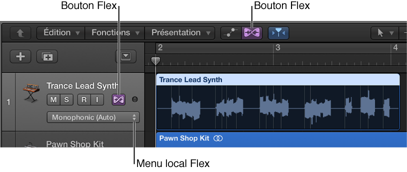Figure. Bouton et menu local Flex dans l’en-tête d’une piste audio.