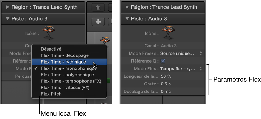 Figure. Inspecteur de piste affichant les algorithmes et paramètres Flex.