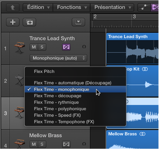 Figure. Menu local Flex ouvert.