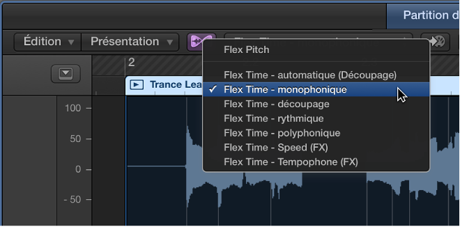 Figure. Menu local Flex ouvert.