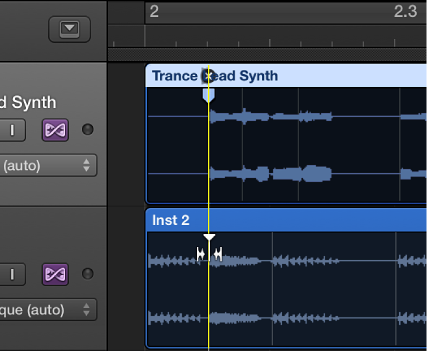 Figure. Zones de région montrant une ligne jaune d’alignement de marqueur Flex sur un marqueur d’élément transitoire.