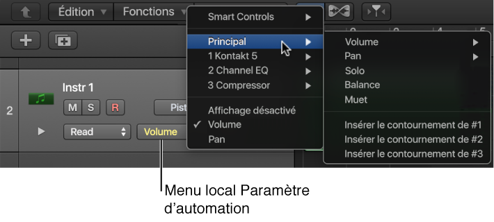 Figure. Menu local « Paramètres de l’Automation » ouvert.