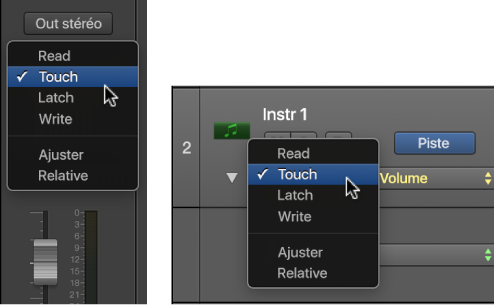 Figure. Affichage côte à côte du menu local Mode d’Automation tel qu’il se présente dans la tranche de console et dans l’en-tête de la piste.