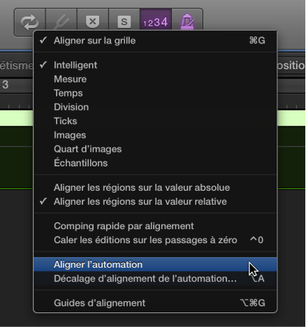 Figure. Pointeur placé sur la commande du menu local Alignement.