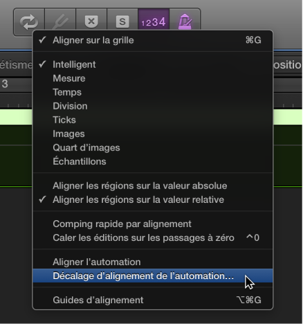 Figure. Pointeur placé sur la commande du menu local Alignement.