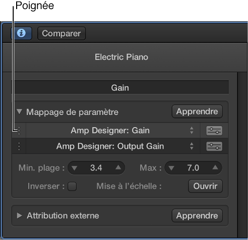 Figure. Zone Mappage de paramètre affichant un mappage et sa poignée.
