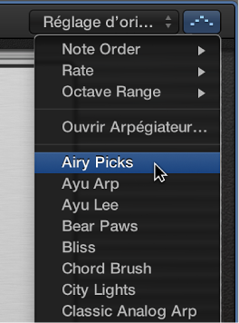 Figure. Menu local Arpégiateur dans la barre des menus Smart Controls.