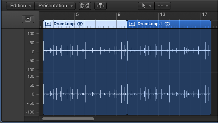 Figure. Éditeur audio avec une région sélectionnée.