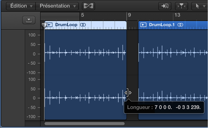 Figure. Trim d’une région dans l’éditeur audio, avec bulle d’aide indiquant la durée de la région et la durée supprimée.