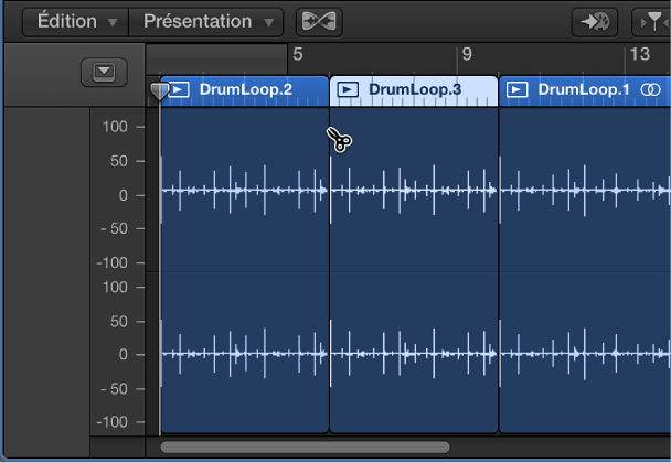 Figure. Scission d’une région dans l’éditeur audio à l’aide de l’outil Ciseaux.