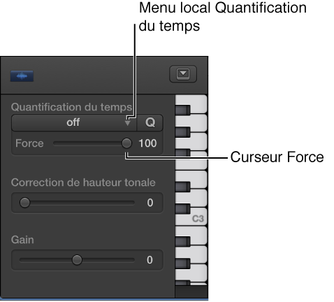 Figure. Menu local Quantification du temps et curseur Force.
