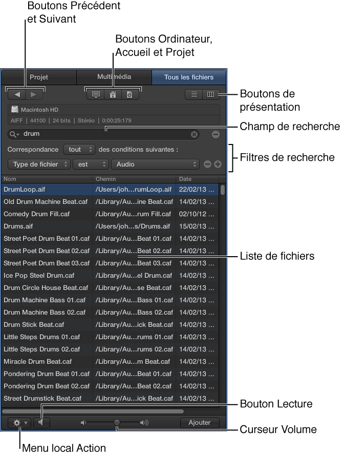 Figure. Zone multimédia affichant le navigateur de fichiers.