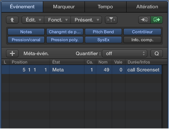 Figure. Liste d’événements affichant un événement méta de screenset.