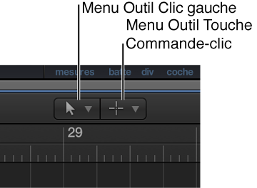 Figure. Menus Outil Clic gauche et « Outil Touche Commande-clic » dans la zone Arrangement.
