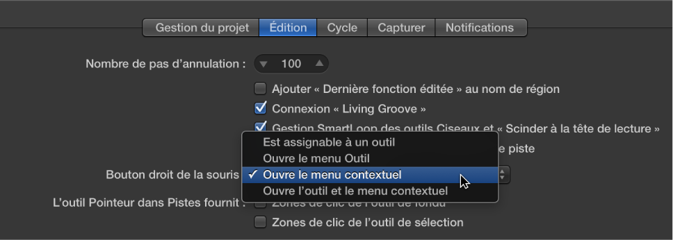 Figure. Menu « Bouton droit de la souris » dans la sous-fenêtre Édition des préférences Général.
