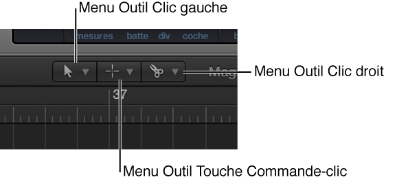 Figure. Menus Outil Clic gauche, « Outil Touche Commande-clic » et Outil Clic droit dans la zone Arrangement.