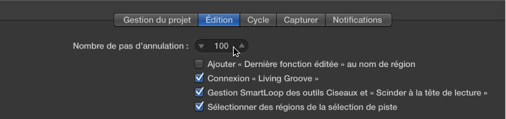 Figure. Champ « Nombre d’annulations possibles » dans la sous-fenêtre Édition des préférences Général.