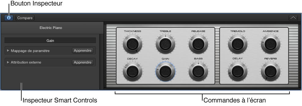 Figure. Sous-fenêtre Smart Controls avec les contrôles d’écran et l’inspecteur.