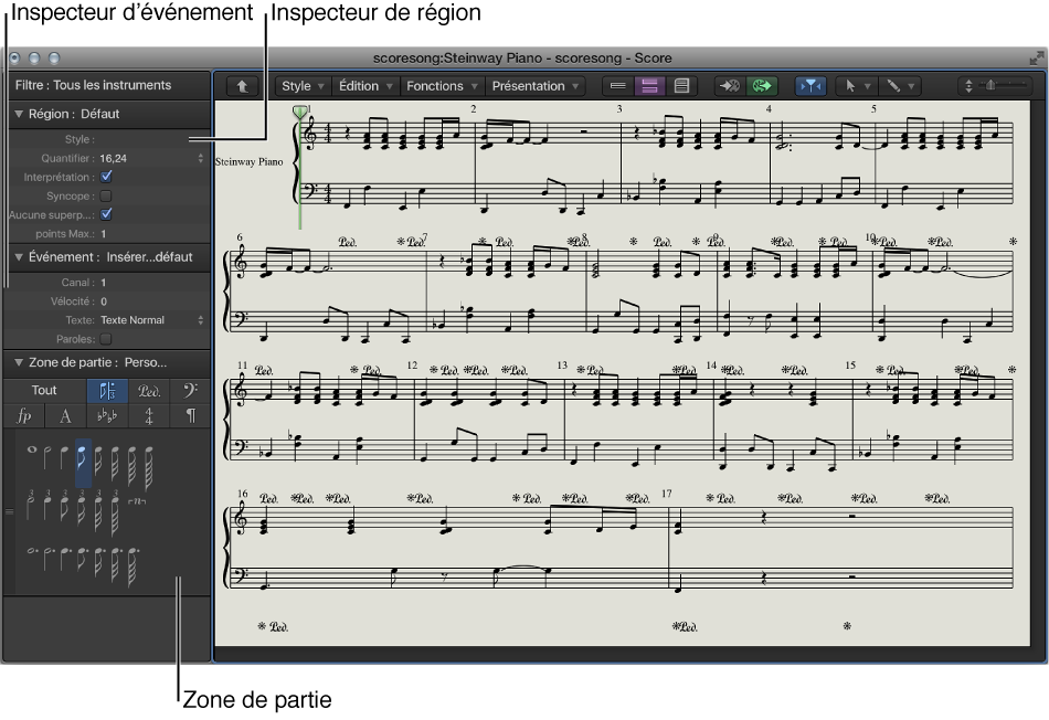 Figure. Zone Paramètres d’événement, zone Paramètres d’affichage et Zone de partie dans l’inspecteur