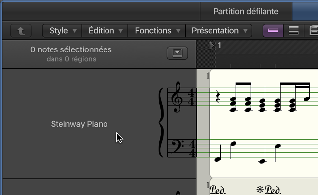 Figure. Nom d’instrument et toutes les régions de la piste d’instruments sélectionnée dans l’éditeur de partition