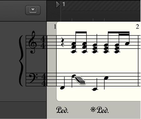 Figure. Outil Gomme au-dessus d’un objet dans l’éditeur de partition