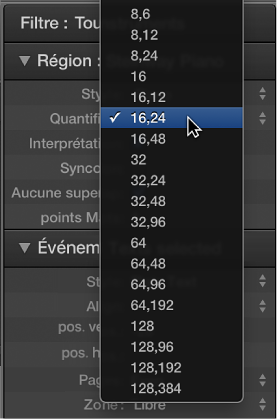 Figure. Paramètres de quantification d’affichage dans le menu local Quantifier