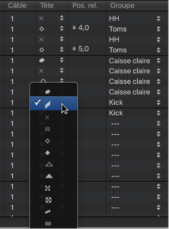 Figure. Menu local Tête dans la fenêtre Instrument mappé
