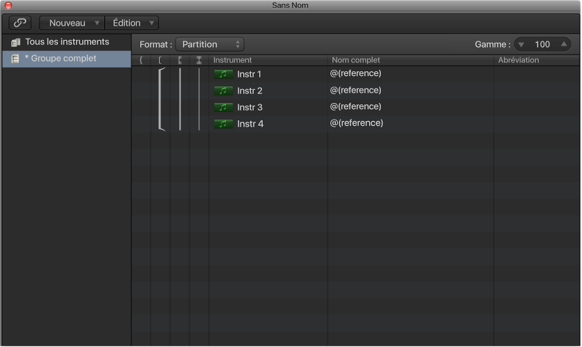 Figure. Colonne Instrument dans la fenêtre Jeu de partitions