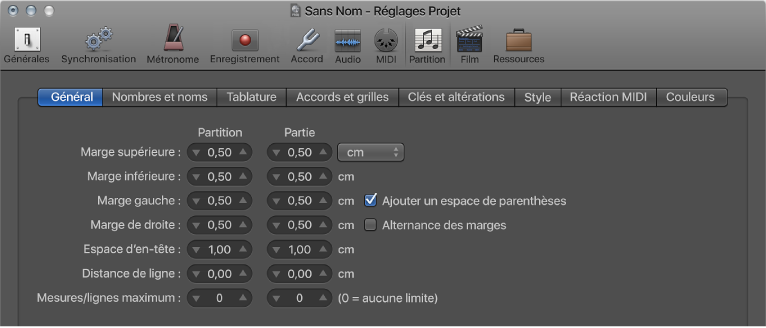 Figure. Sous-fenêtre Global des réglages de partition du projet