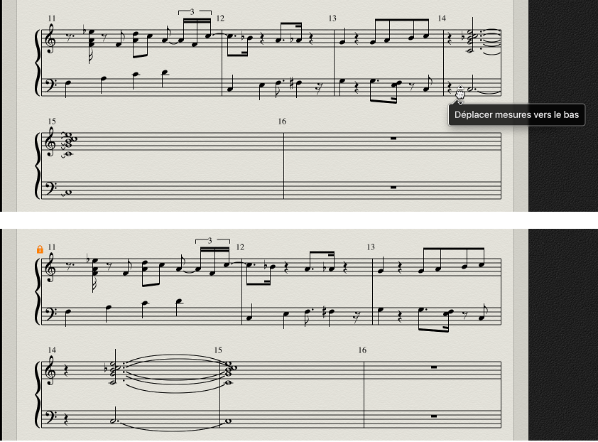 Figure. Déplacement de mesures d’une portée à l’autre en mode de présentation par page