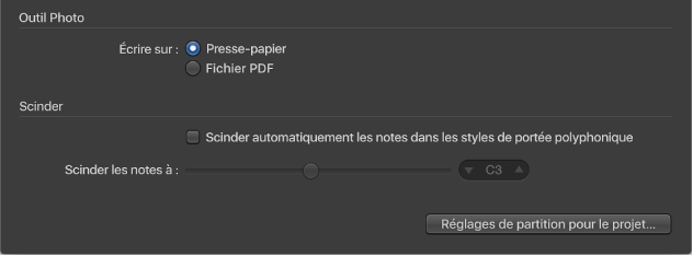 Figure. Réglages de l’outil Photo dans la sous-fenêtre des préférences Partition