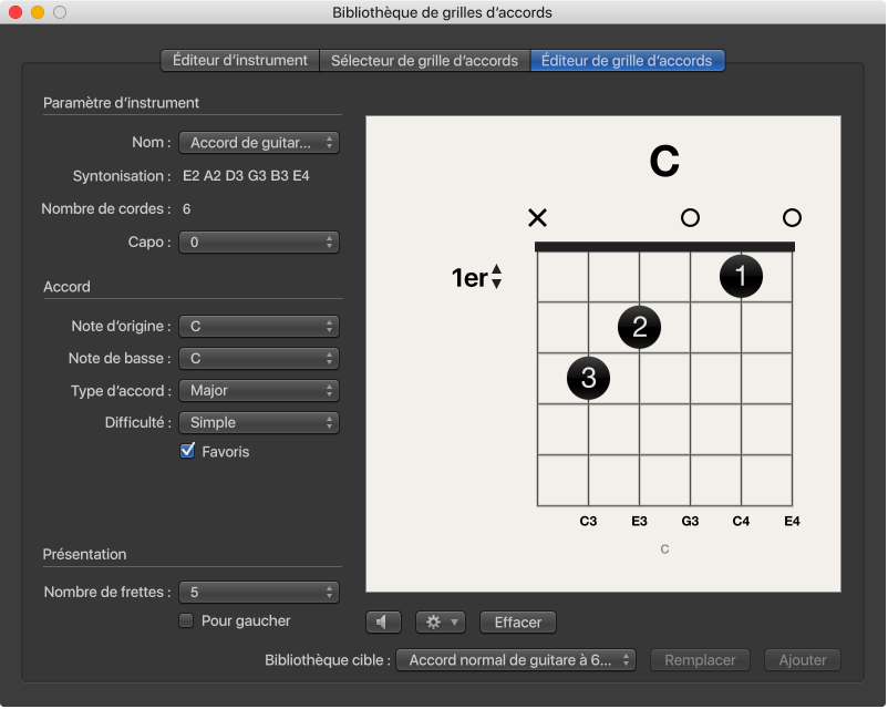 Figure. Sous-fenêtre Éditeur de grille d’accords dans la fenêtre Bibliothèque de grilles d’accords