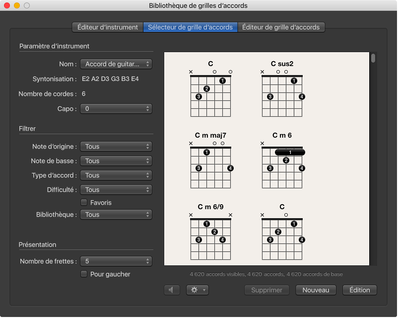 Figure. Sous-fenêtre du sélecteur de grille d’accords dans la bibliothèque de grilles d’accords