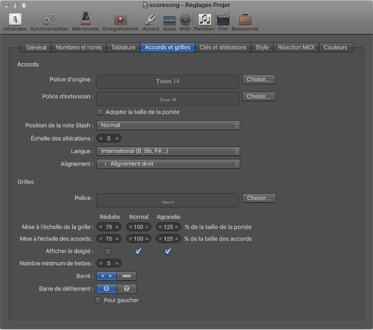 Figure. Sous-fenêtre Accords et grilles dans les réglages de partition du projet