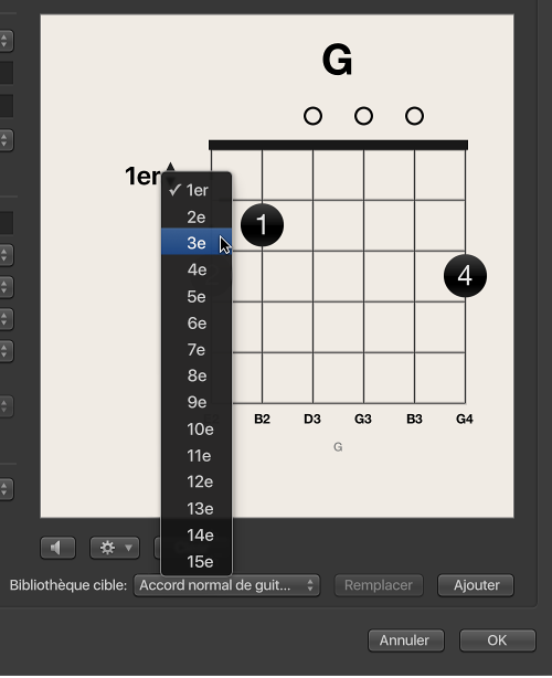 Figure. Choix d’un numéro de frette à partir du menu local