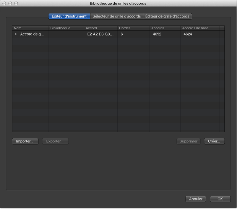 Figure. Sous-fenêtre Éditeur d’instruments dans la fenêtre Bibliothèque de grilles d’accords