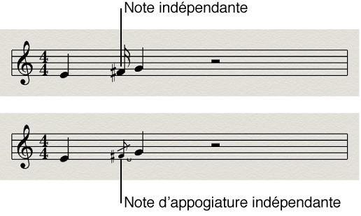 Figure. Notes et appoggiatures indépendantes dans l’éditeur de partition