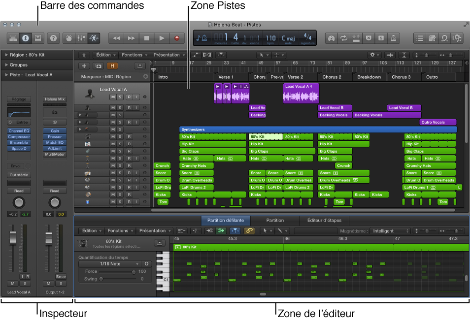 Figure. Fenêtre principale de Logic Pro.