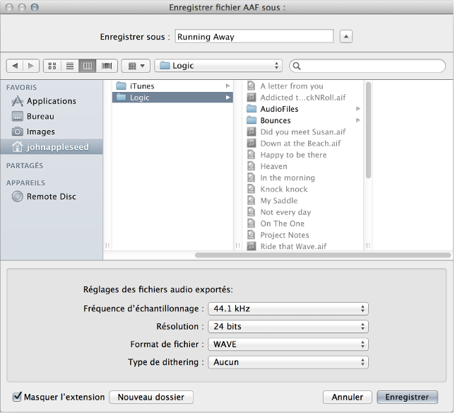 Figure. Zone de dialogue « Enregistrer fichier AAF sous »