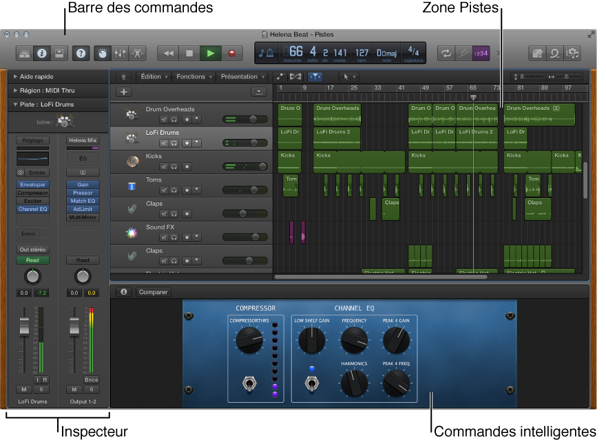 Figure. Fenêtre principale de Logic Pro avec les zones principales de travail.