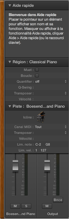 Figure. Inspecteur, avec la zone Aide rapide, l’inspecteur de région, l’inspecteur de piste et ses tranches de console.