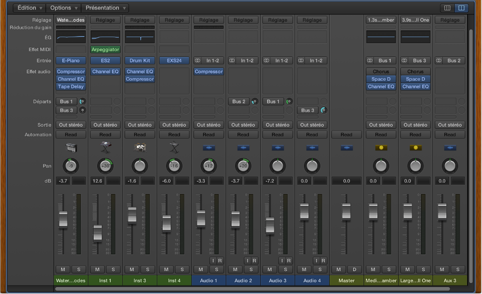 Figure. Table de mixage affichant les tranches de console audio, d’instrument logiciel, auxiliaire et principale.