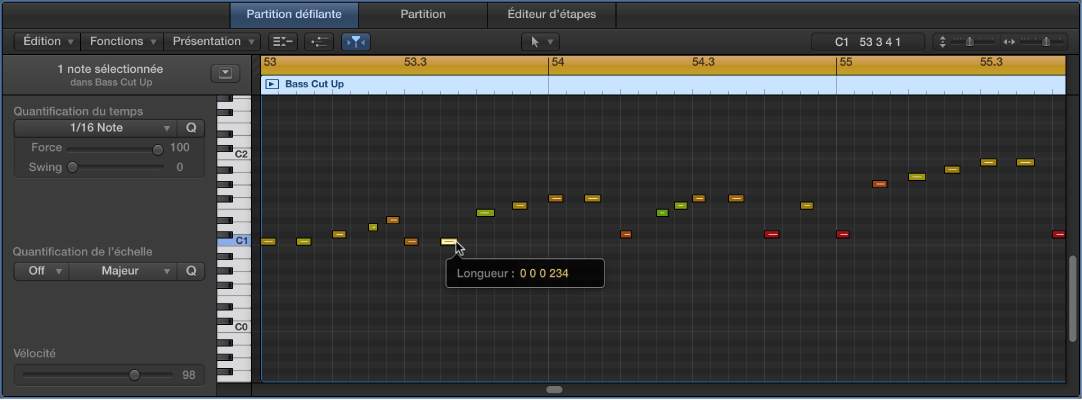 Figure. Modification d’un événement de note MIDI dans l’éditeur de clavier.