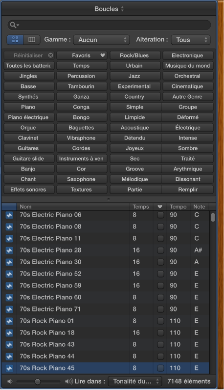 Figure. Navigateur de boucles avec les boutons de mots-clés et les boucles correspondantes dans la liste des résultats.