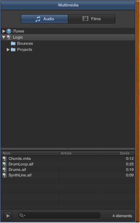 Figure. Navigateur Tous les fichiers affichant les dossiers des fichiers audio et des bounce, ainsi que les fichiers audio dans le dossier de Logic.