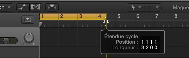 Figure. Glissement du locator de droite. La bulle d’aide affiche la plage de lecture en bouche et la durée du cycle.