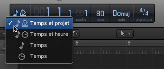 Figure. Sélection de Temps et projet dans l’écran LCD pour afficher les propriétés du projet.