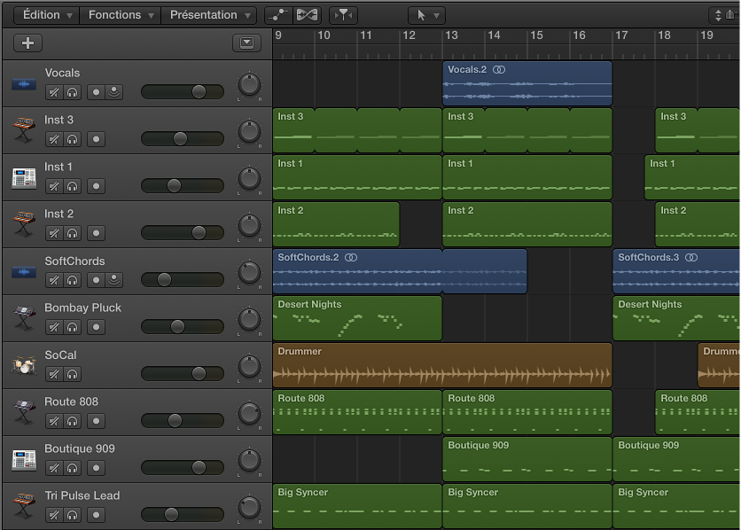Figure. Zone Pistes montrant des régions audio, d’instrument logiciel et de drummer.