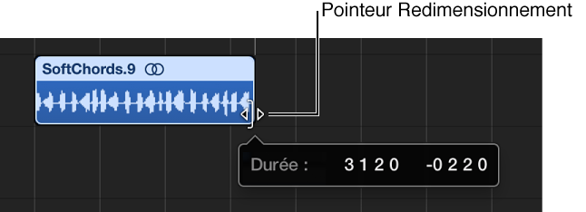 Figure. Redimensionnement d’une région dans la zone Pistes. La bulle d’aide affiche la durée de la région.